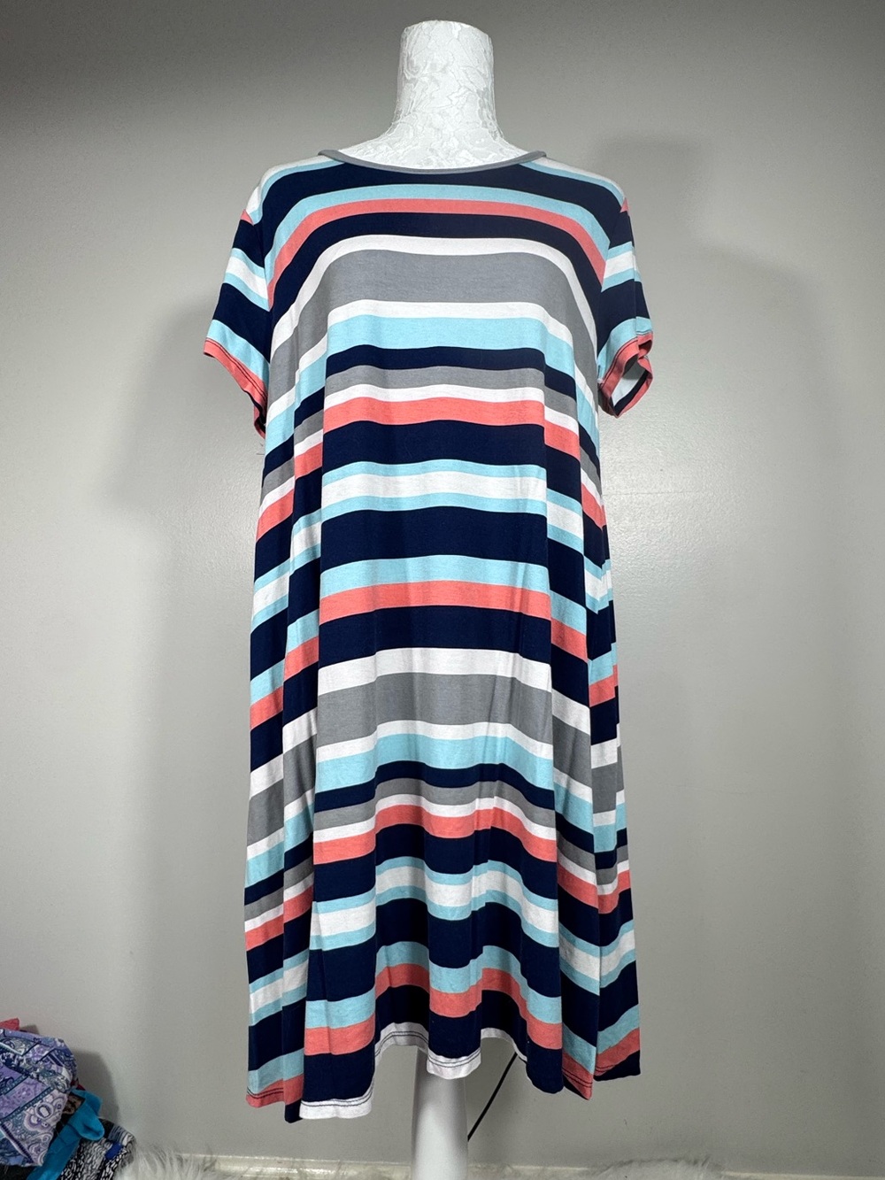 Arizona Jean Company Navy, Coral, Light Blue & Gray Striped Midi Dress